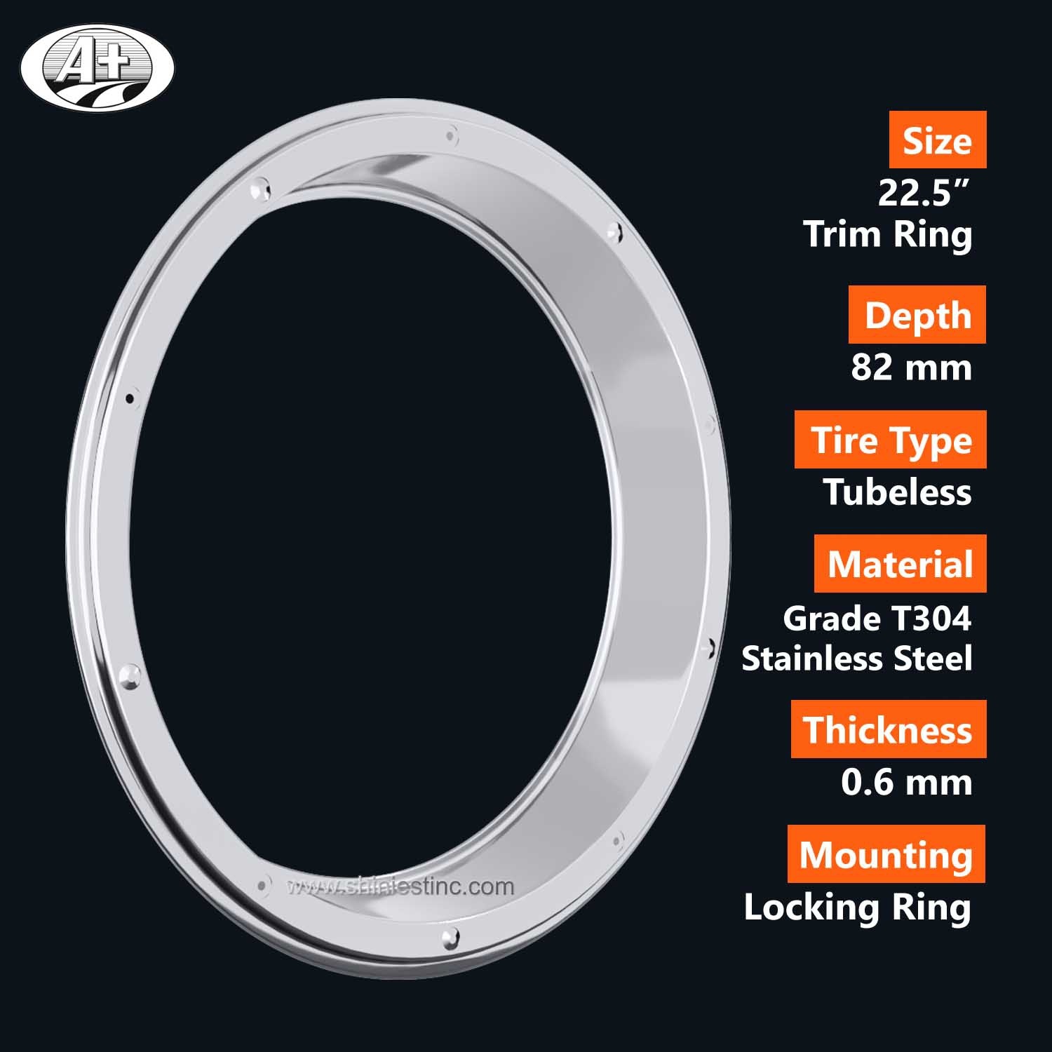 (30225R-82) 22.5＂Stainless Steel Trim Ring for Rear & Super Single Front Wheel (82mm)