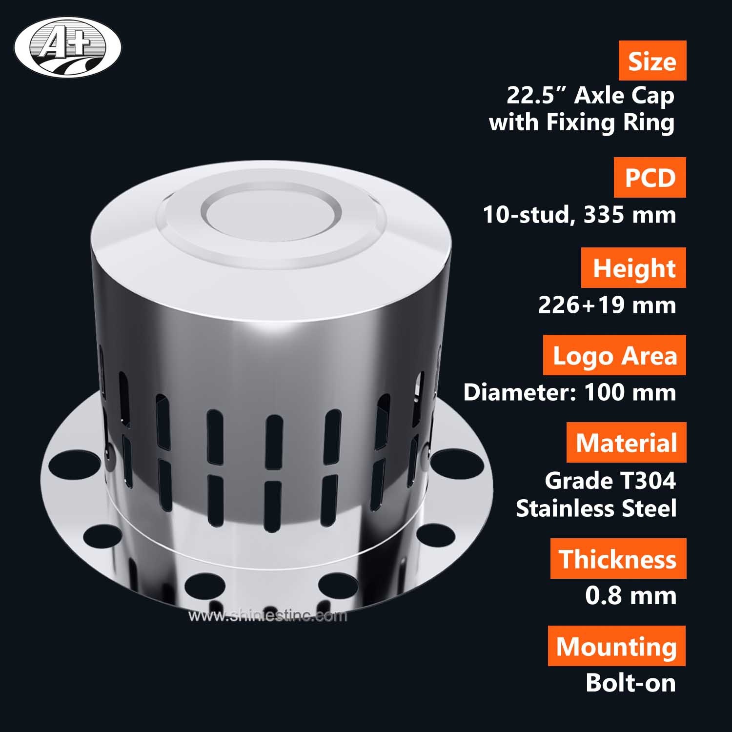 (225AC) T304 Stainless Steel Axle Cover for 22.5＂Rear Wheel Axle (One-piece Design)