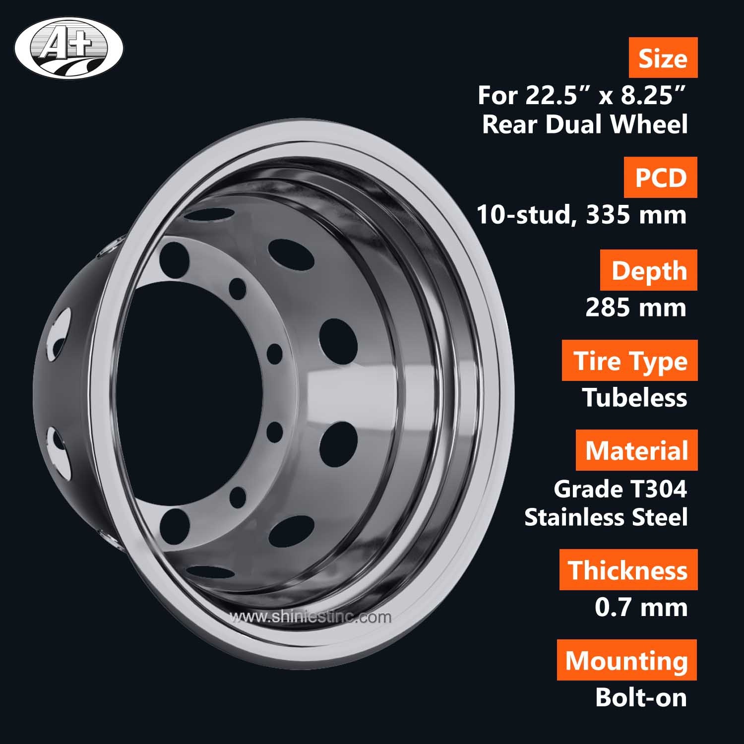 (70225RN-285) 22.5＂x 8.25＂T304 Stainless Steel Deep Wheel Liner for Rear Dual Wheel