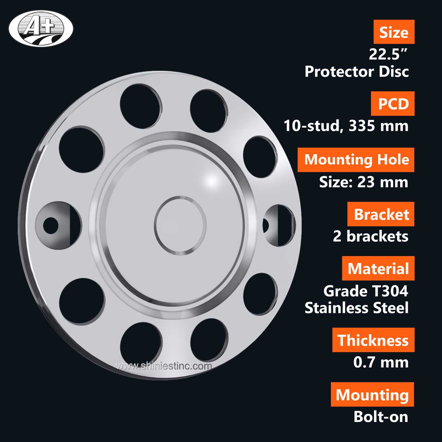 (15225F-A) 22.5＂T304 S/S Protector Cover for Steel Wheel (2 Brackets)