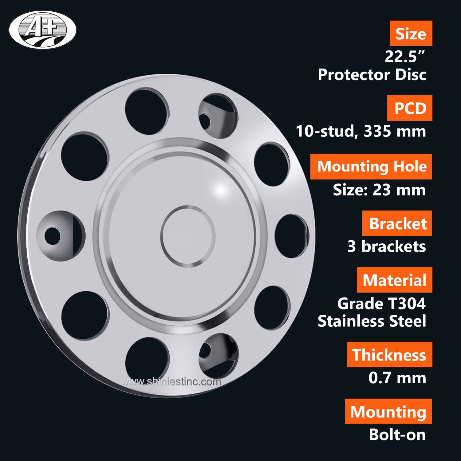 (15225F-A-A3) 22.5＂T304 S/S Protector Cover for Steel Wheel (3 Brackets)