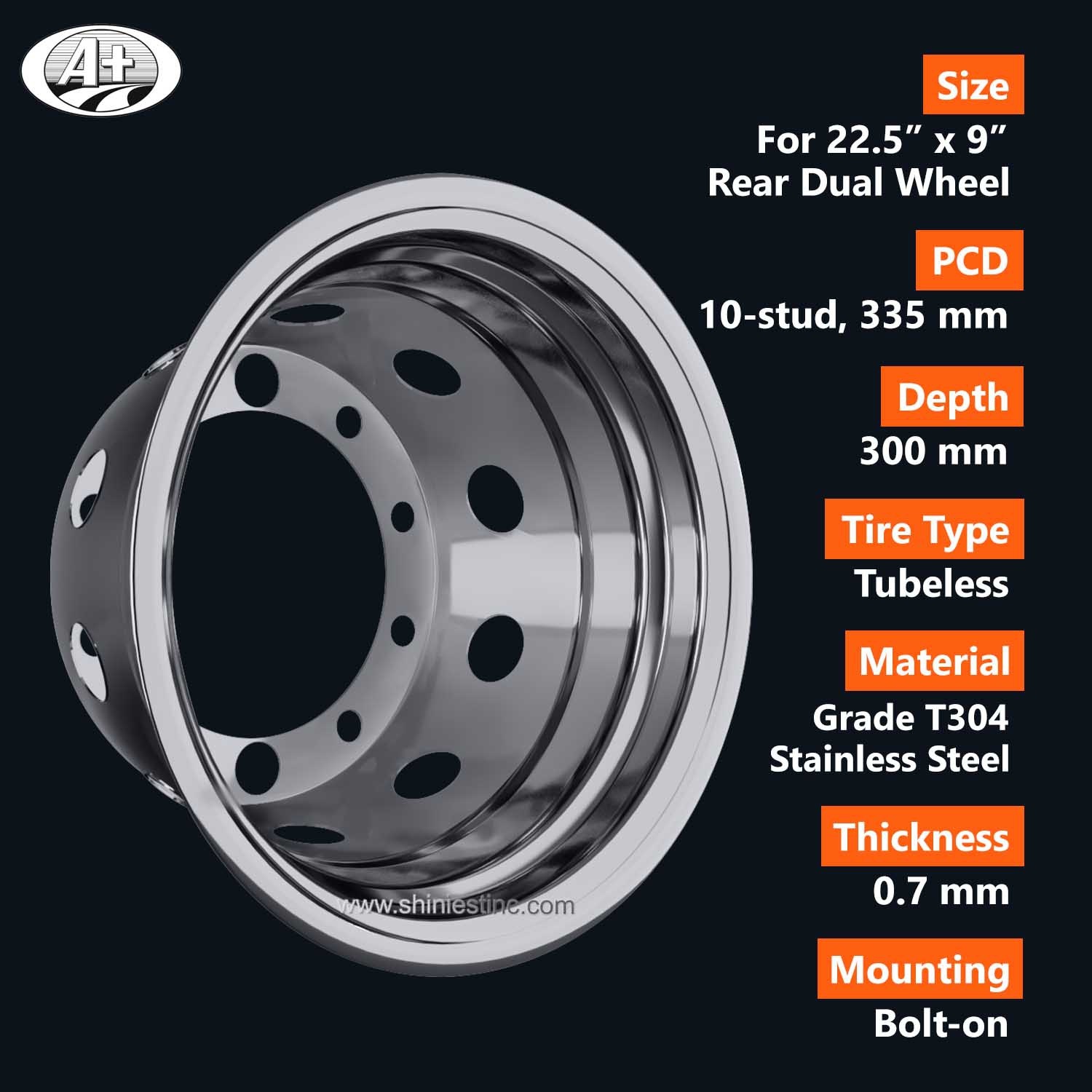 (70225RN-272) 22.5＂x 7.5＂Stainless Steel Deep Wheel Liner for Rear Dual Wheel