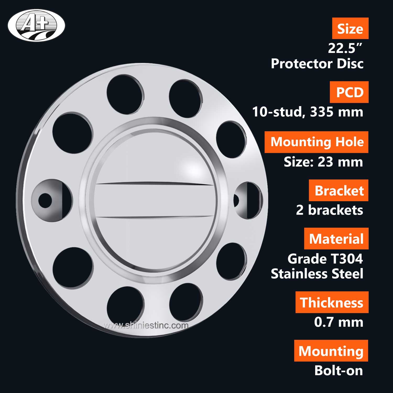 (15225F-P-A) 22.5＂S/S Protector Cover with Plain Flat Center & Pressed Crossbar (2 Brackets)