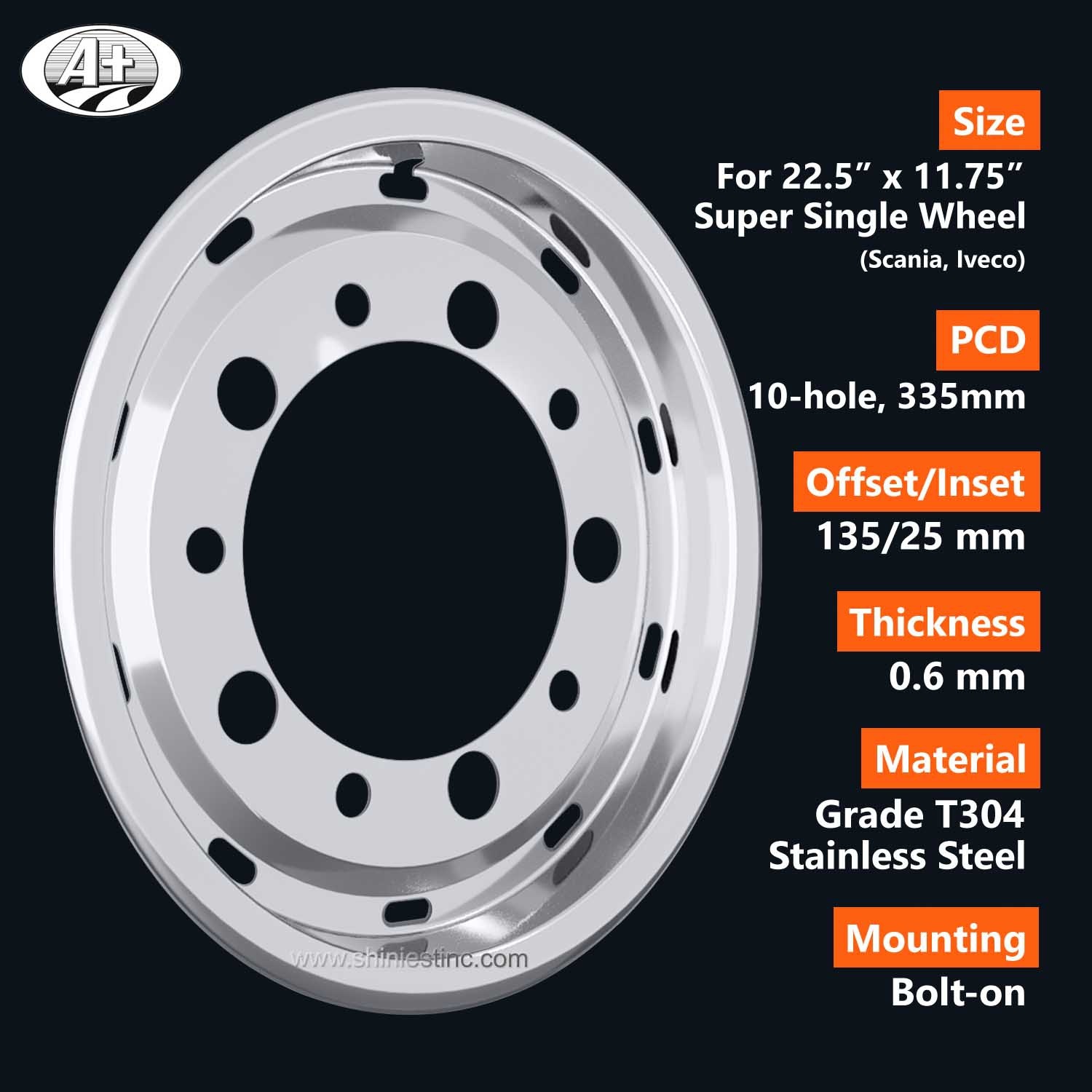 (71225S-135A) 22.5＂x 11.75＂S/S Wheel Liner for Super Single Wheel for Iveco, Scania