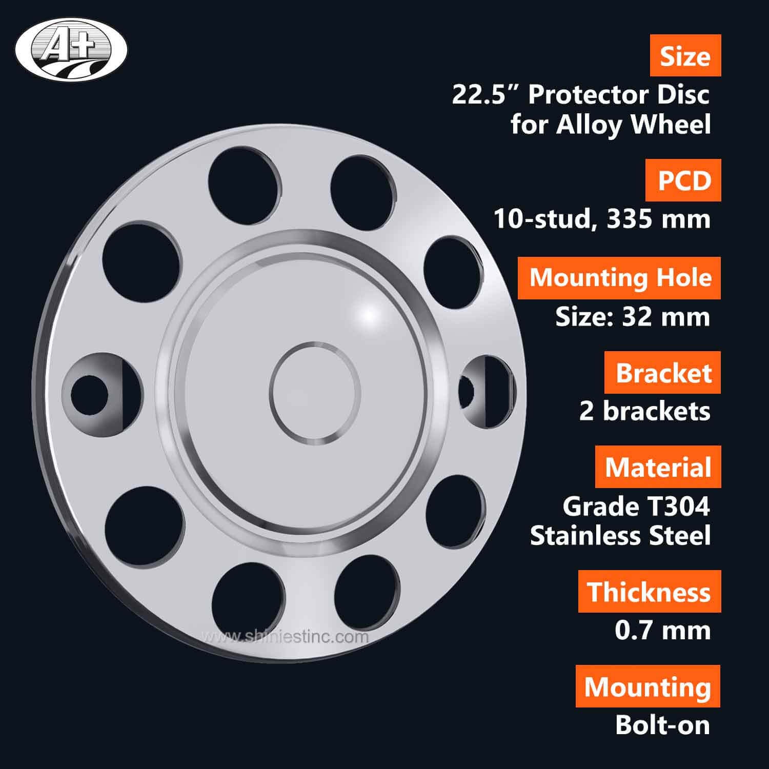 (15225F-A-AL) 22.5＂T304 S/S Protector Cover for Alloy Wheel (2 Brackets)