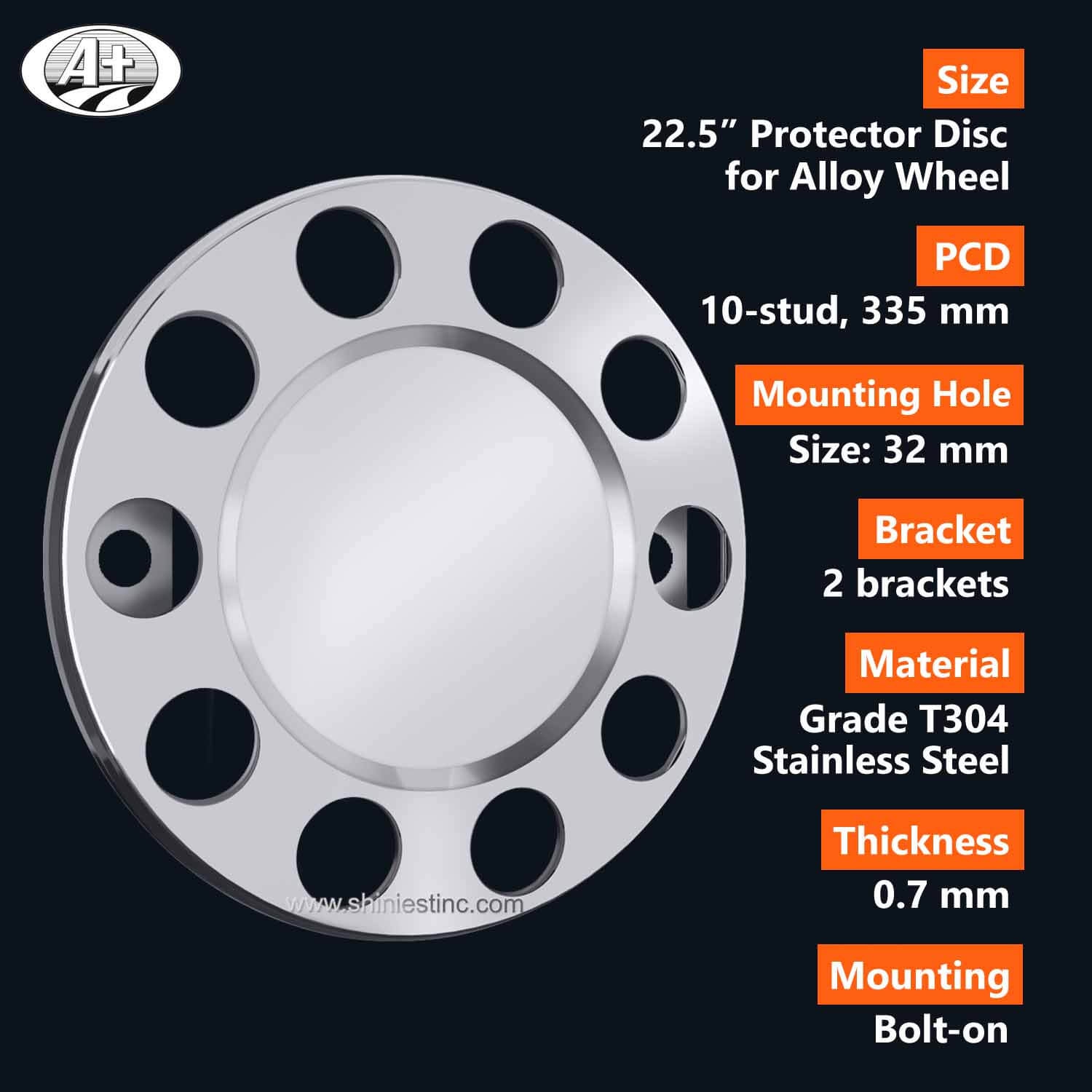 (15225F-P-AL) 22.5＂Protector Cover with Plain Flat Center for Alloy Wheel (2 Brackets)