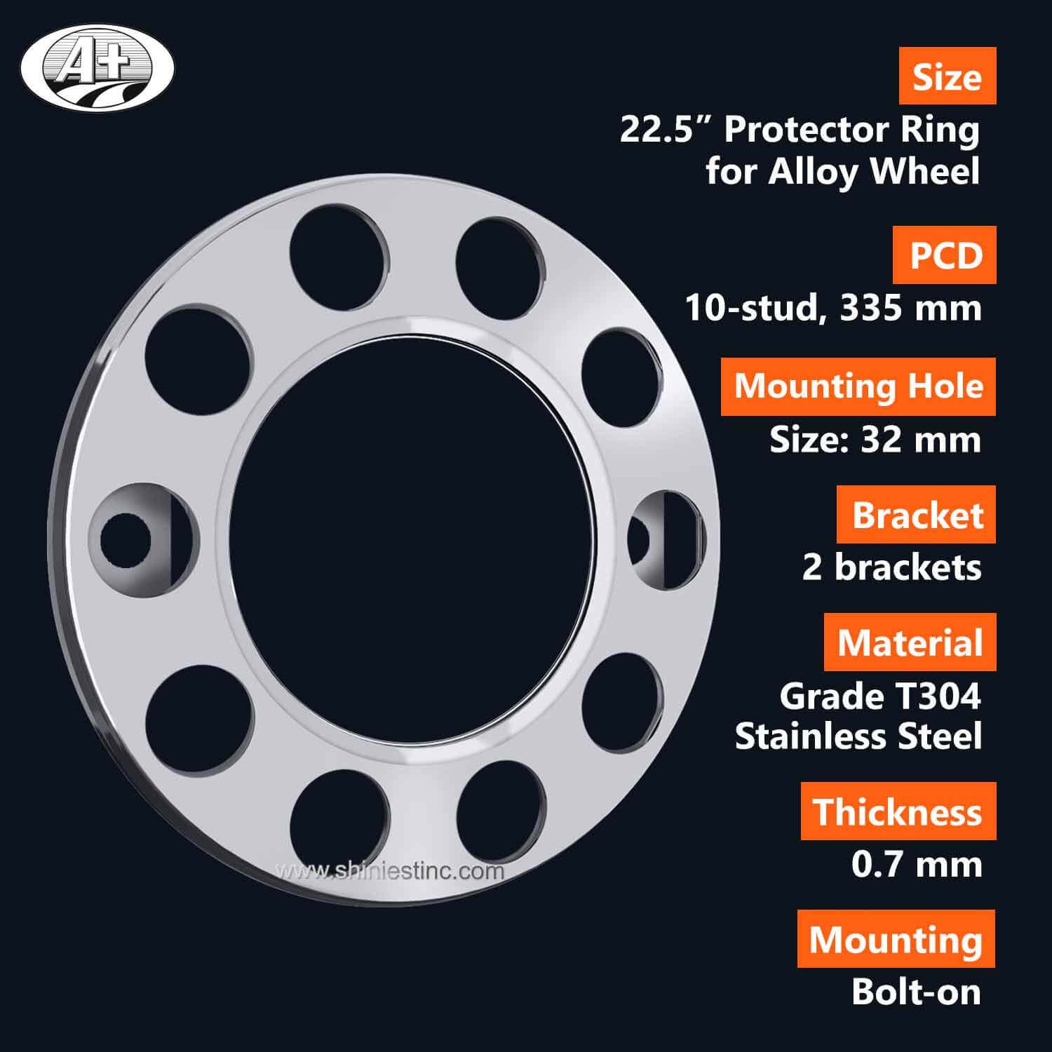 (16225F-A-AL) 22.5＂S/S Protector Cover with Open Center for Alloy Wheel (2 Brackets)