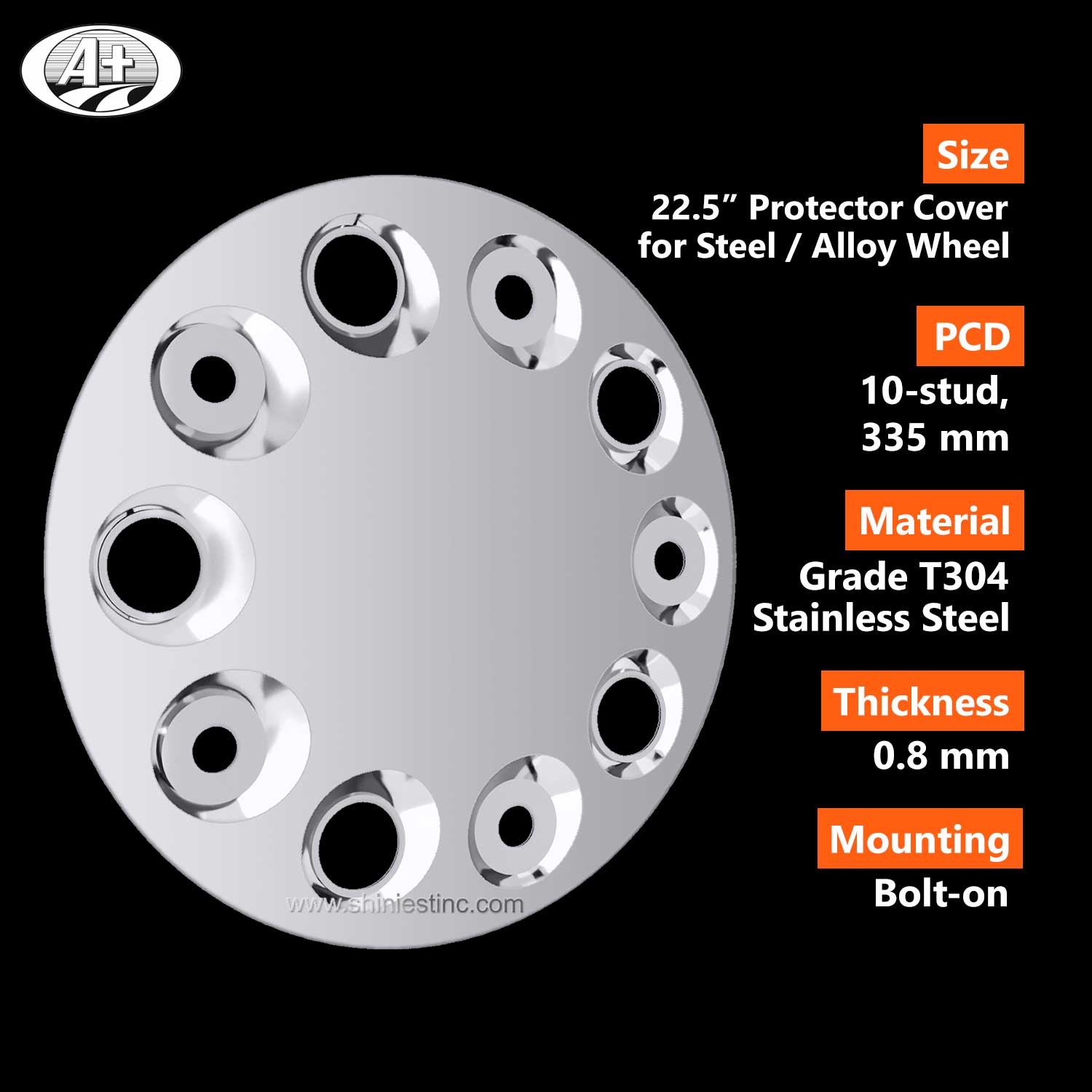 (E00225F) 22.5＂T304 S/S Hub Cover for Steel/Alloy Wheel