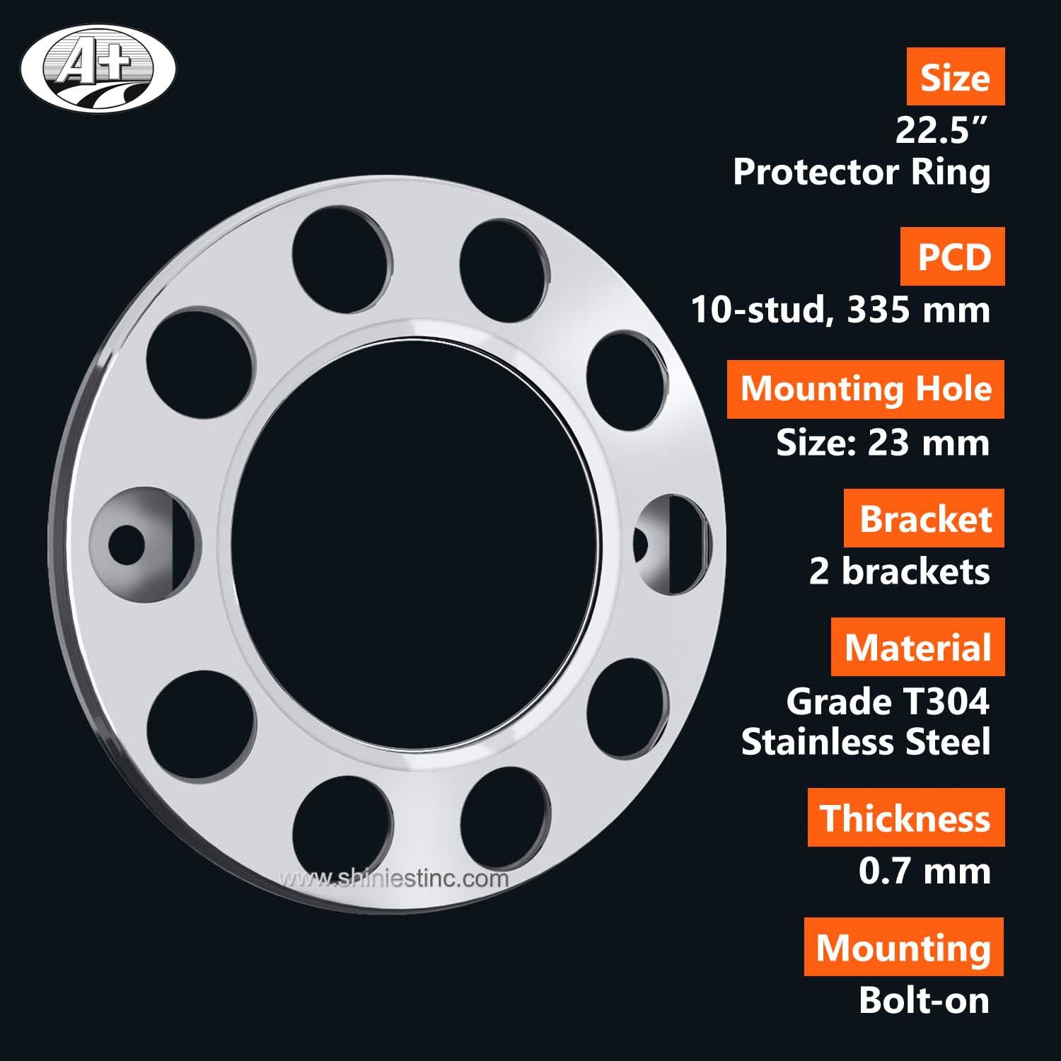 (16225F-A) 22.5＂T304 S/S Protector Cover with Open Center for Steel Wheel (2 Brackets)