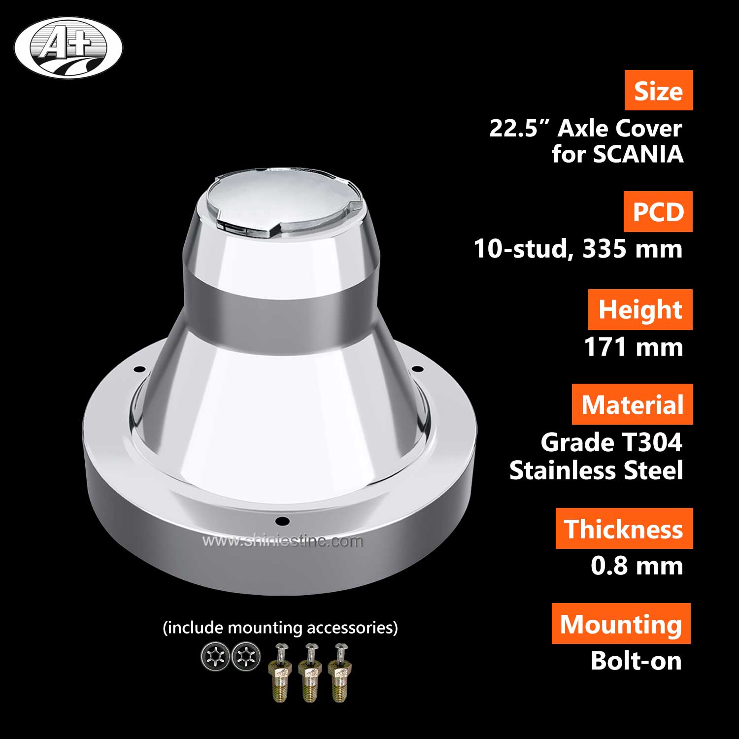 (225S-CAP) 22.5＂T304 S/S Axle Cover for Scania Rear Axle, for Aluminum/Steel Wheel