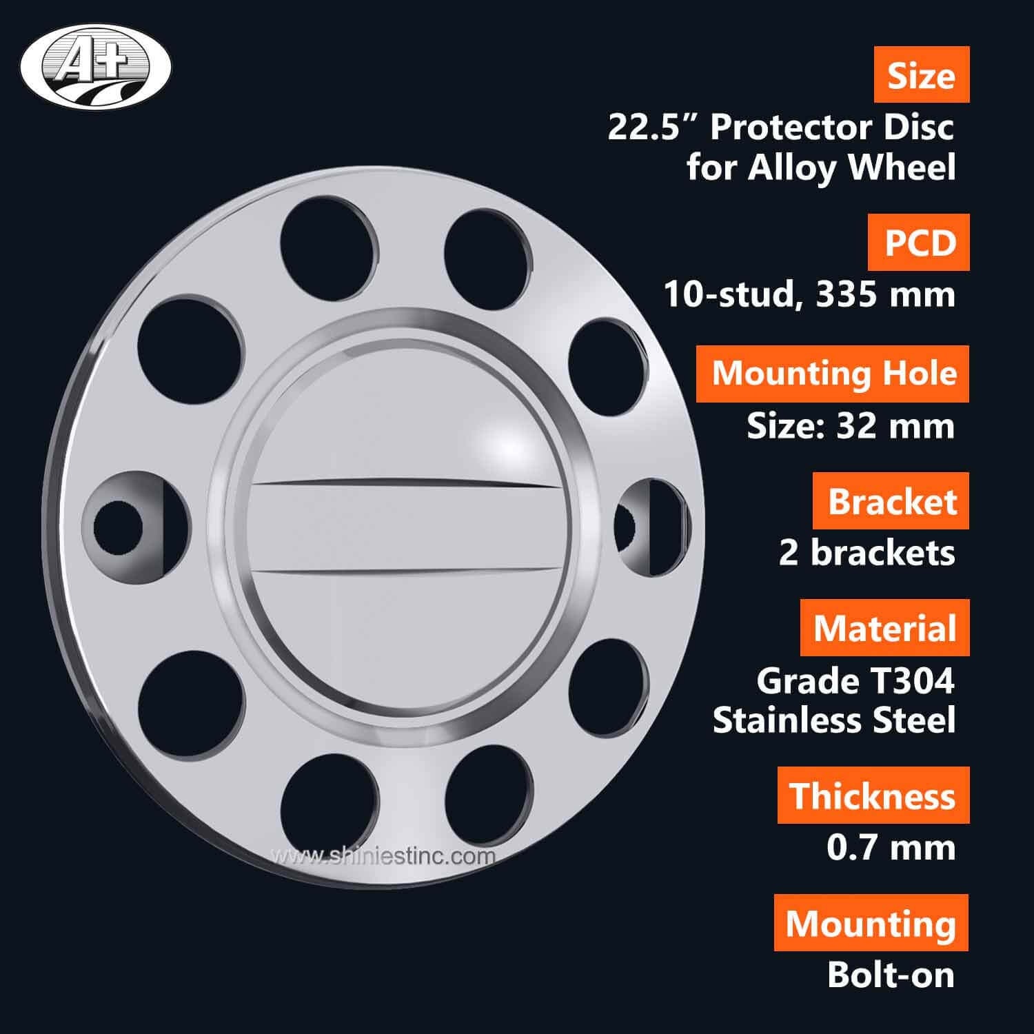 (15225F-P-A-AL) 22.5＂T304 Stainless Steel Protector Cover for Alloy Wheel (2 Brackets)