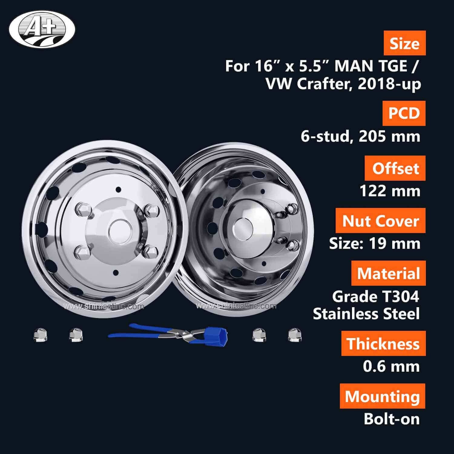 (70016-12) 16＂T304 S/S Wheel Cover Set for MAN TGE & VW Crafter, 2018~up